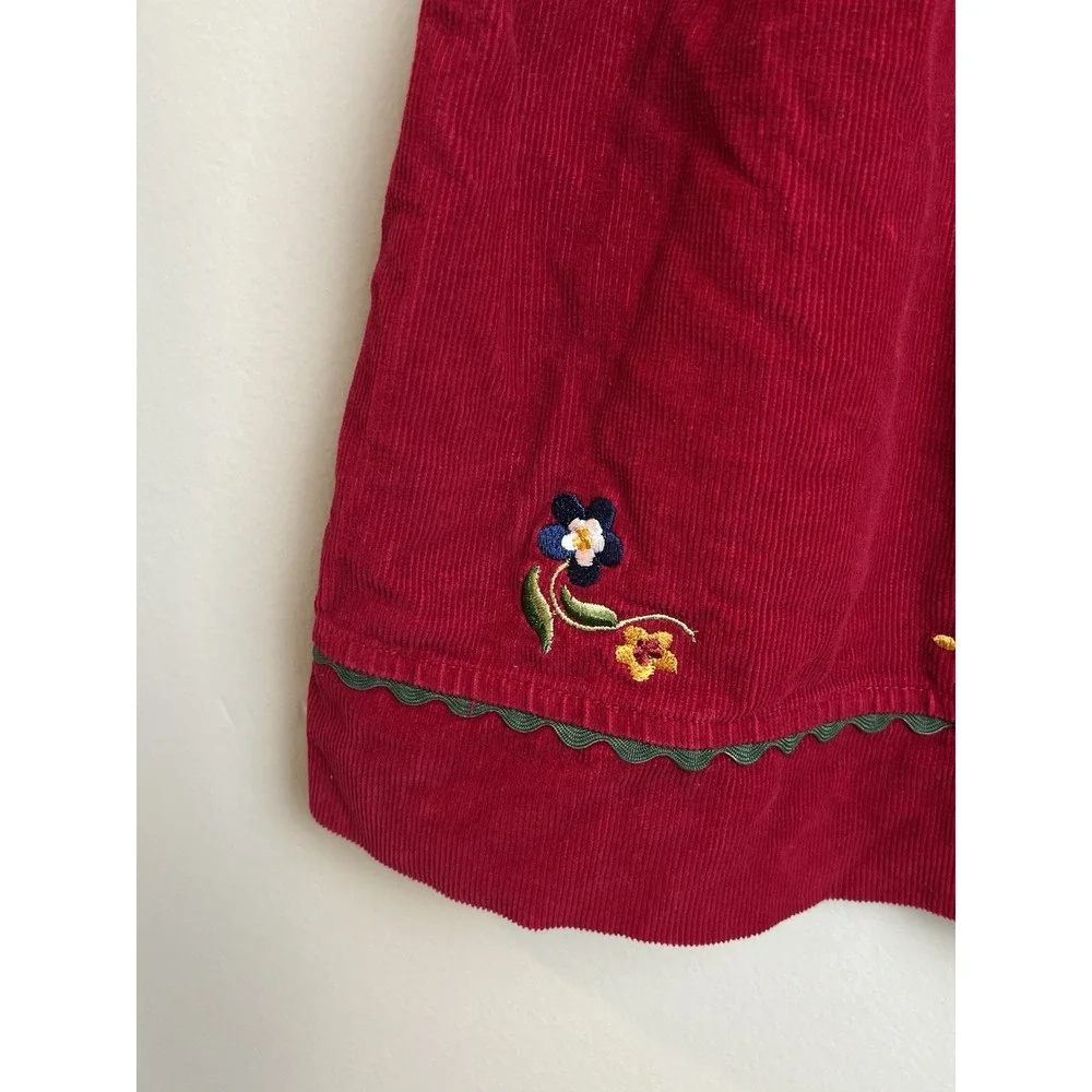 Samara Vtg 90's Red Corduroy Jumper Dress Embroidered Floral Girls 3T Cotton